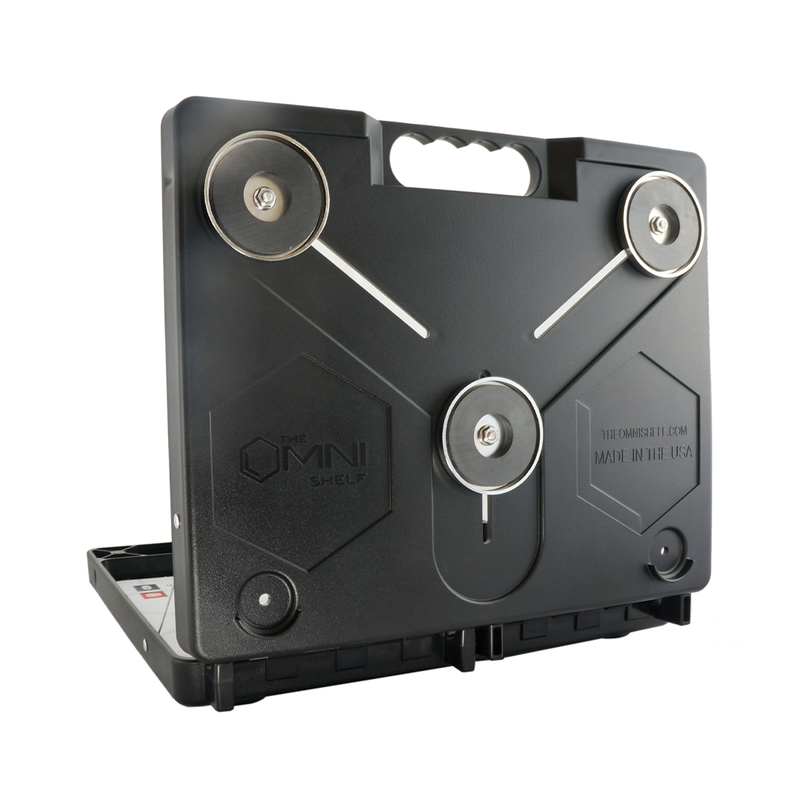 Back view of the OmniShelf workstation mounted with industrial-strength magnets