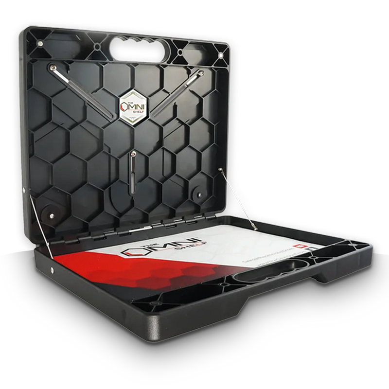 Front view of the OmniShelf portable workstation from the bundle