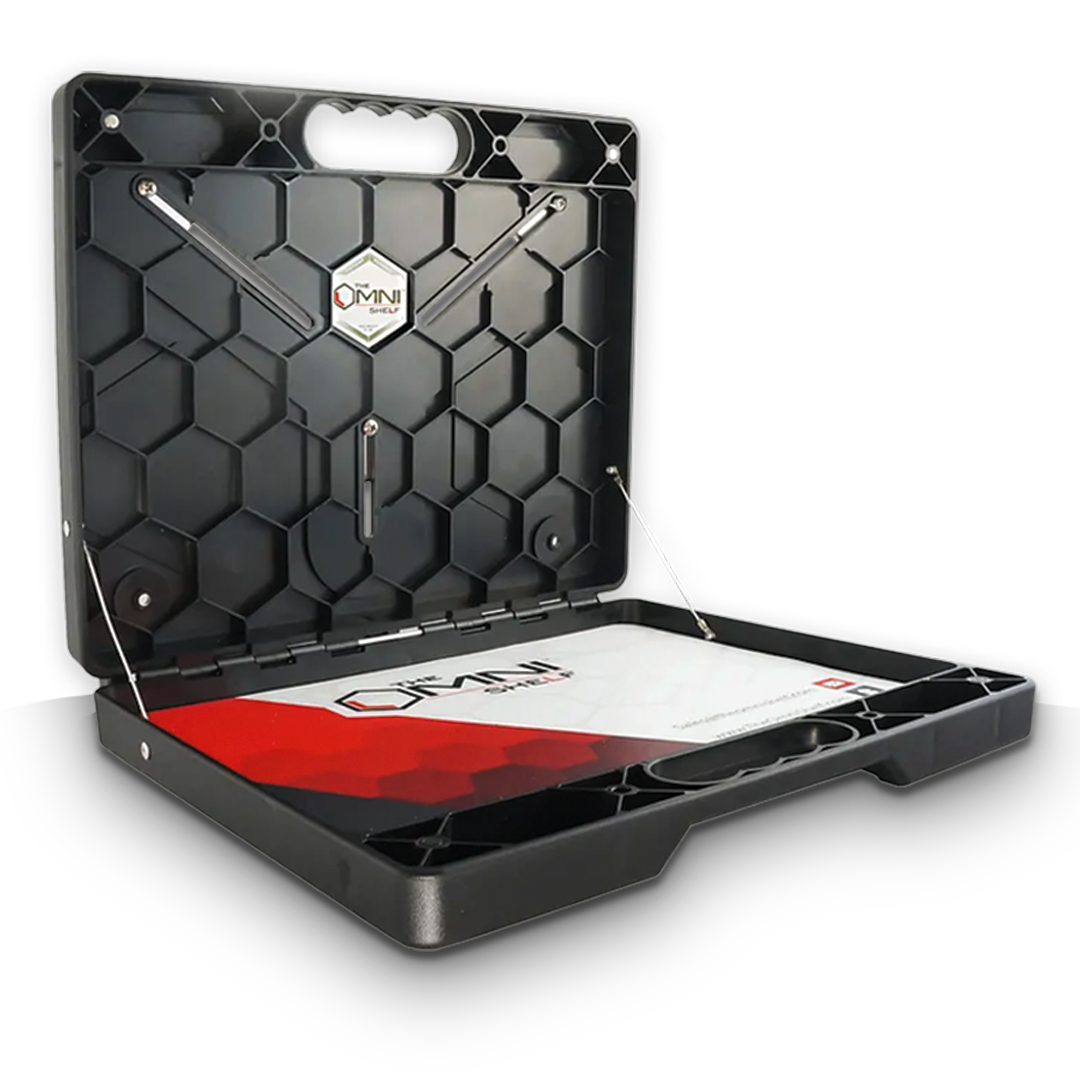 Front view of the OmniShelf portable workstation from the bundle