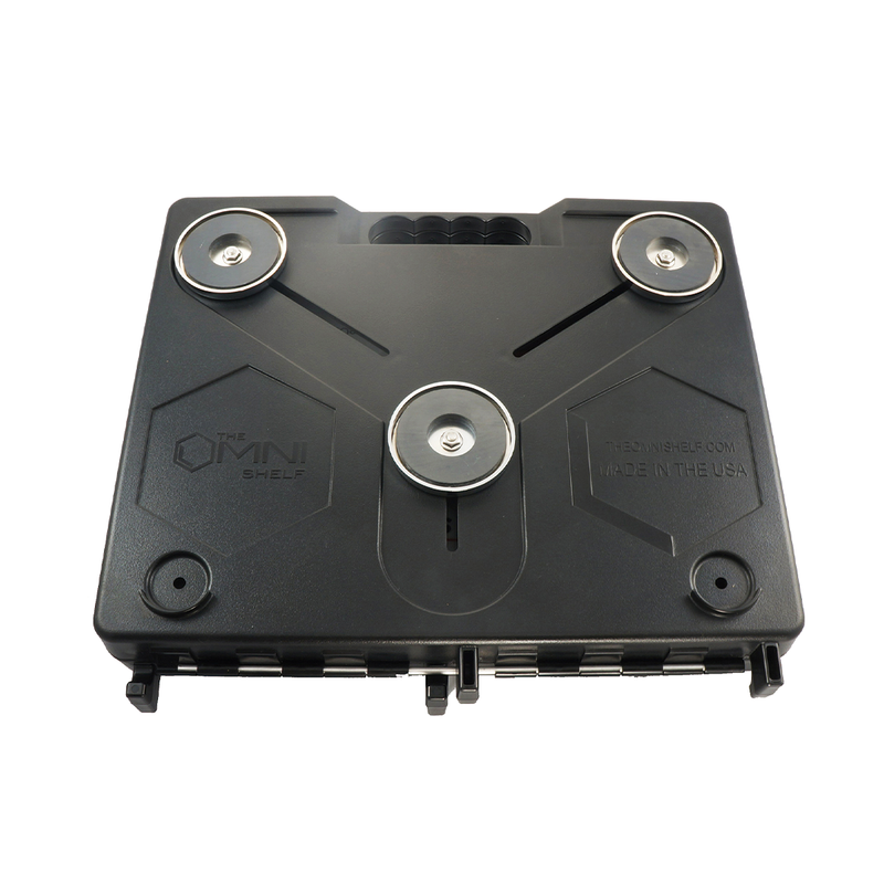 OmniShelf folded down into a lightweight, compact design for portability