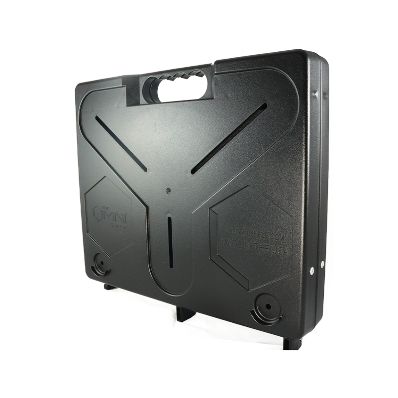 Angled view of the OmniShelf portable workstation showing durable design