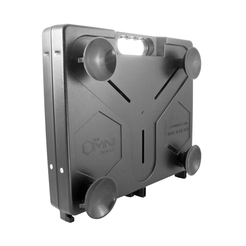OmniShelf portable workstation secured with industrial-strength suction cups on a smooth surface